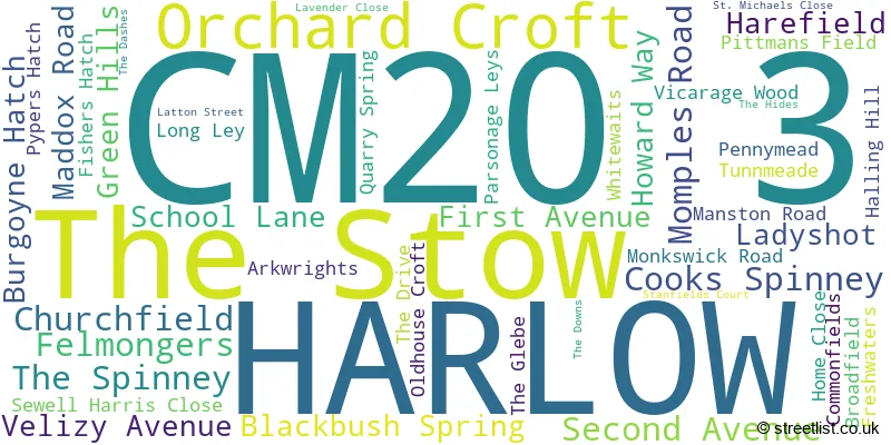 A word cloud for the CM20 3 postcode